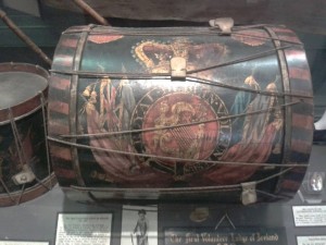 Royal Dublin Volunteers drum on display in the Masons Hall in Dublin. The Volunteers were originally set up to protect the island from imminent invasion, but in time due to the injustices in trade and social laws, the Volunteers saw many if not most take up arms with the United Irishment in 1798.