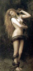 Lillith - the first wife of Adam. Painting is "Lilith" by  John Collier  1887 (The Atkinson Art Gallery, Southport, England)