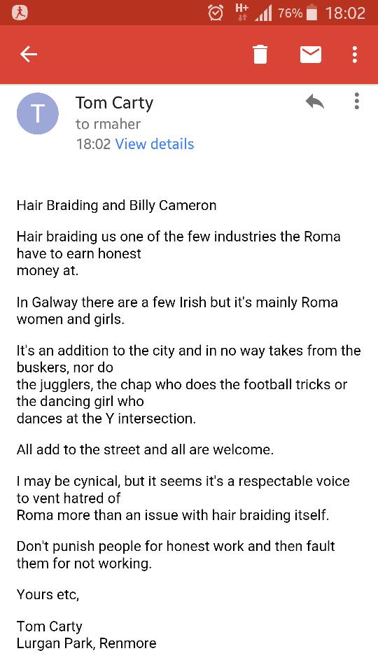 My letter to the Galway Independent supporting the hair braiders