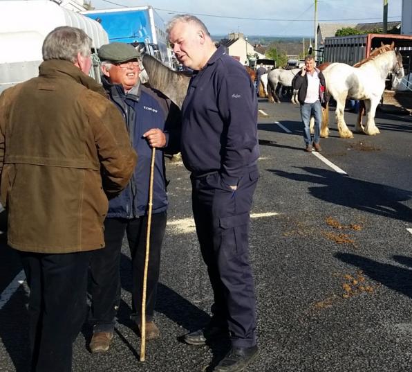 Michael Fitzmaurice TD talking to Miley Cash of Birr and other traders on his visit to the 2017 Banagher Horse Fair